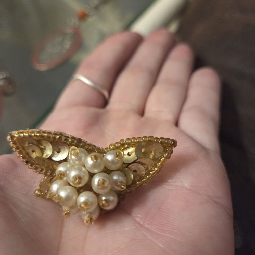 Vintage Faux Pearl Beaded Sequin Butterfly Single Stud Earring Gold Tone Boho...